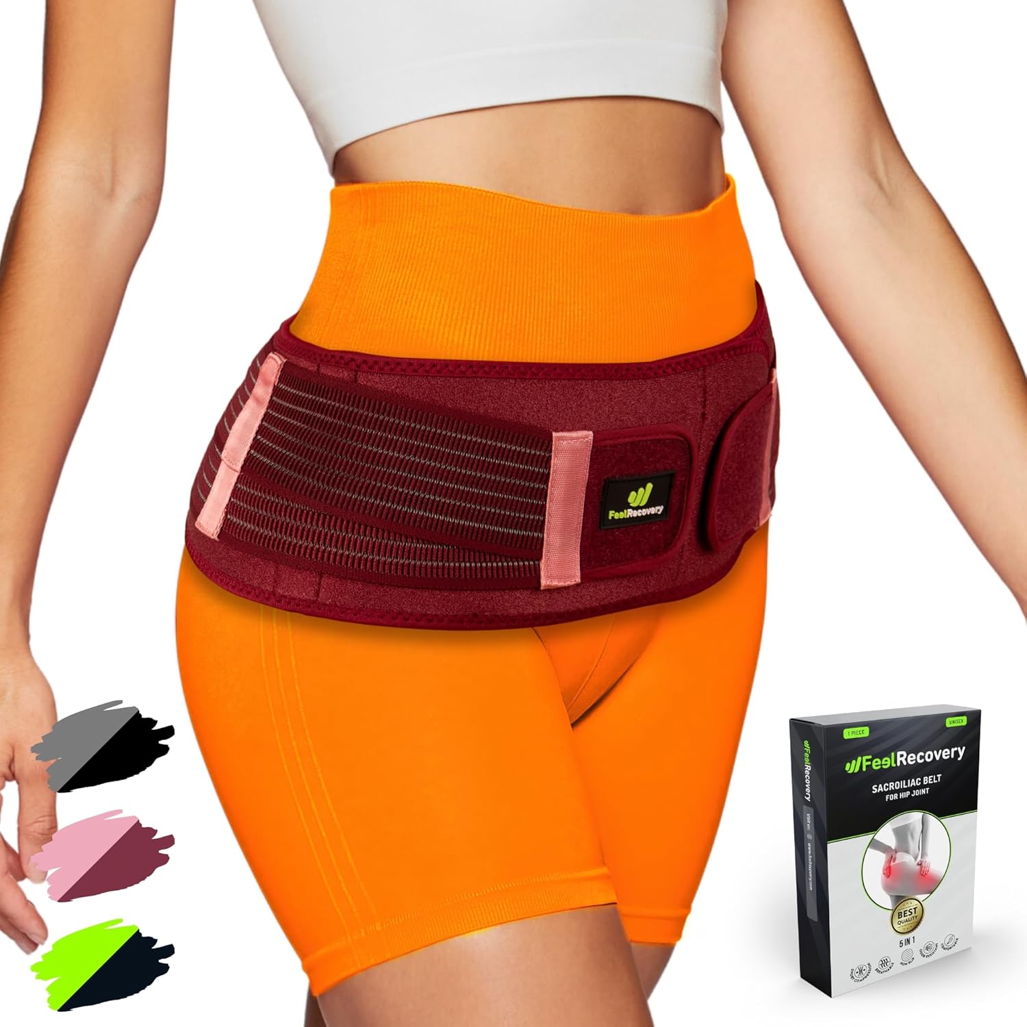 Feel Recovery Store Pelvic Belt for Men and Women - Sacroiliac Belt for Pregnancy Symphysis - Hip Bandage for Sciatica, Back, Hips & Legs Pain - Back Brace Neoprene, Adjustable, Breathable (S/M, Bordeaux)