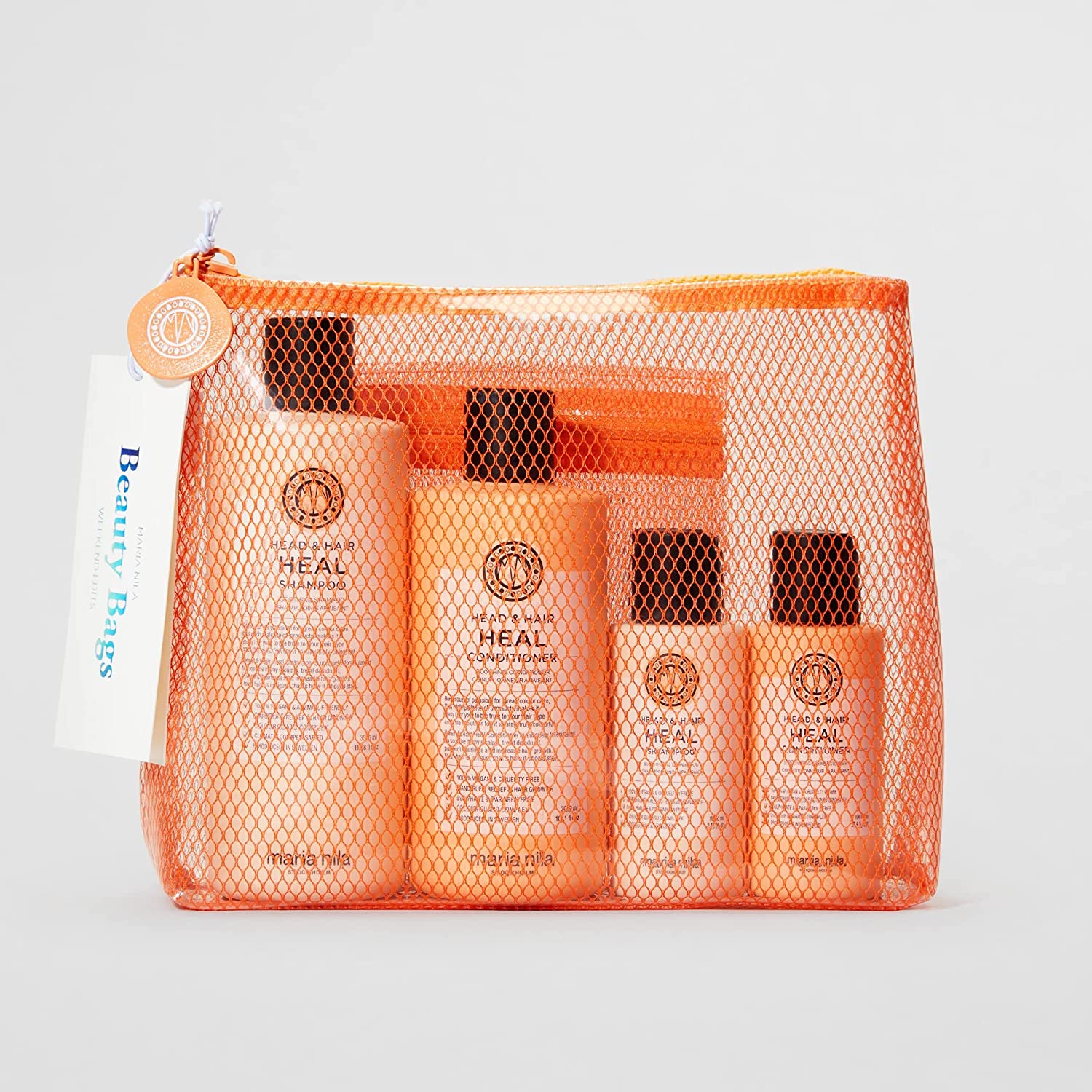 Maria Nila Hair Care Set Anti-Dandruff Including Beauty Bag, Gift Set Anti-Inflammatory Shampoo, Conditioner, Against Scalp Irritation, Hair Care Original Size Plus Travel Size, ‎orange