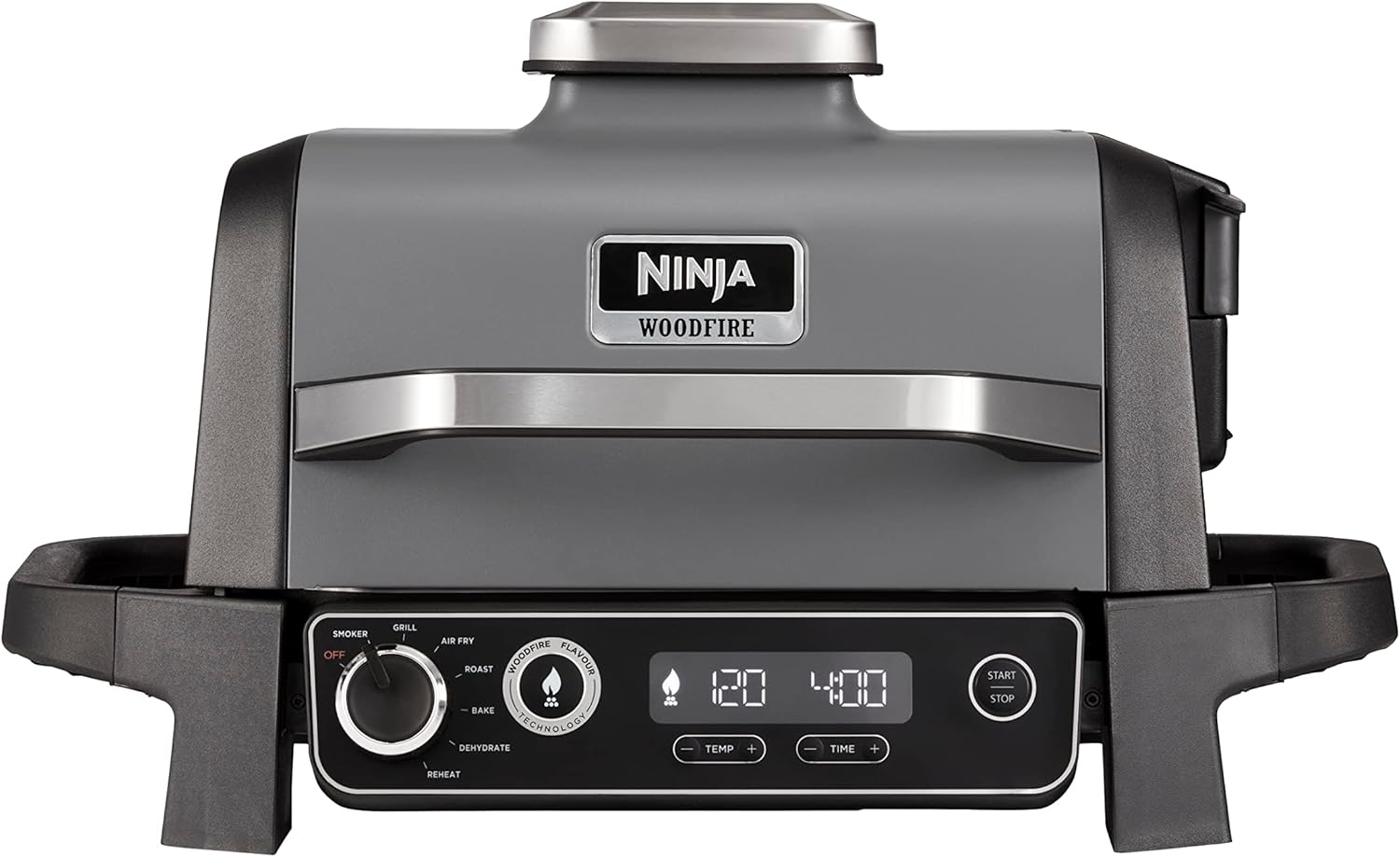 Ninja Woodfire Electric Grill Camping Grill with Smoker & Hot Air Fryer, 7-in-1 Outdoor Grill, Smoking, Roasting, Baking, OG701EU + Adjustable Stand 4718J800EUUK