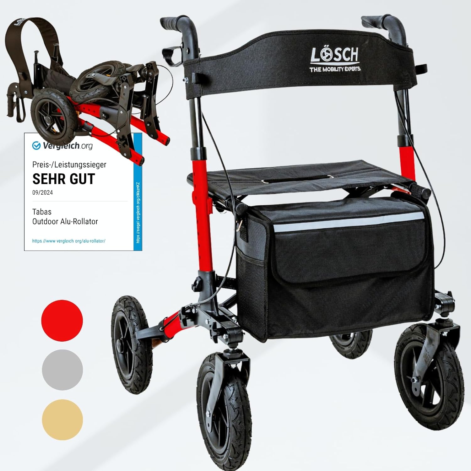Lösch Reha Mobility Rollator Foldable & Lightweight with Seat I Price/Performance Winner 3-Way Foldable I Outdoor Rollator with Pneumatic Tires, Seat & Back Strap I Rollator for Seniors