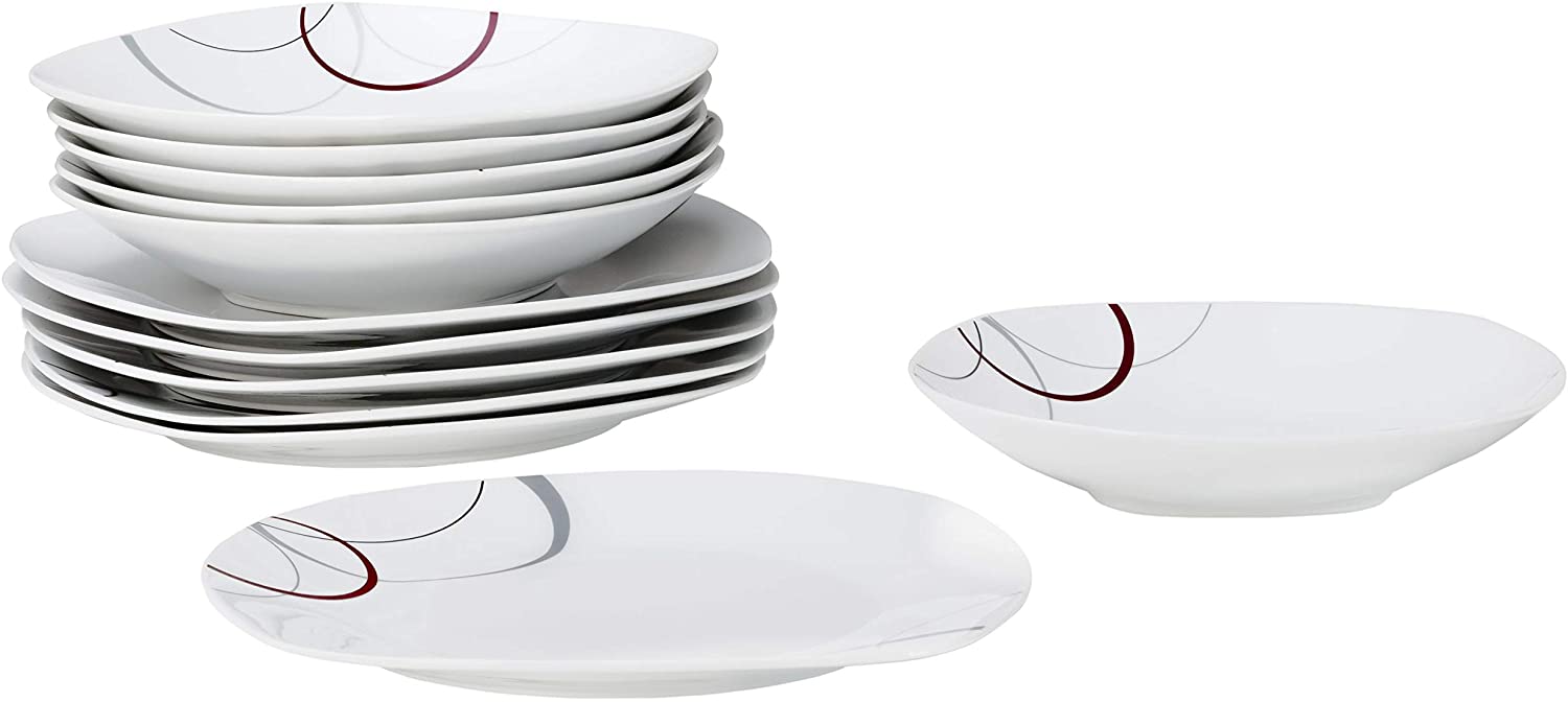 Van Well Palazzo Dinner Service 12 Pieces White with Decorative Circles in Grey and Dark Red for 6 People