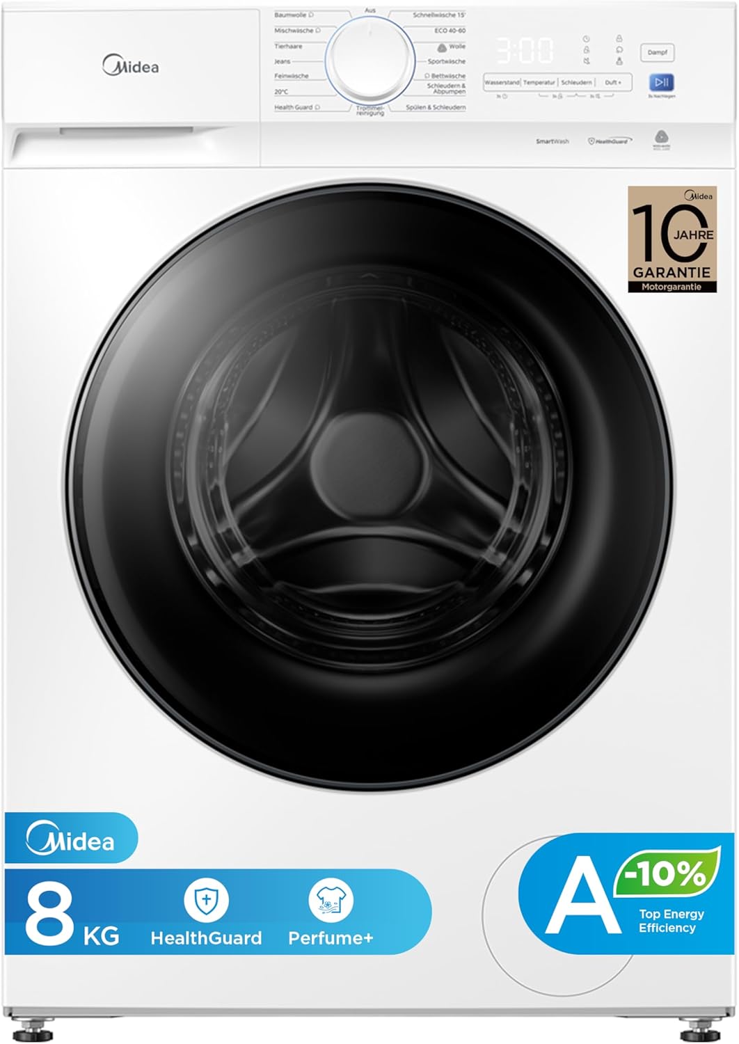 Midea Washing Machine V3 Series, 8 kg, Energy Efficiency Class A-10%, 1400 rpm, Steam Function, Pet Hair, 15 Minutes Quick Wash, Woolmark Certified, MFV3EW80BA10, White