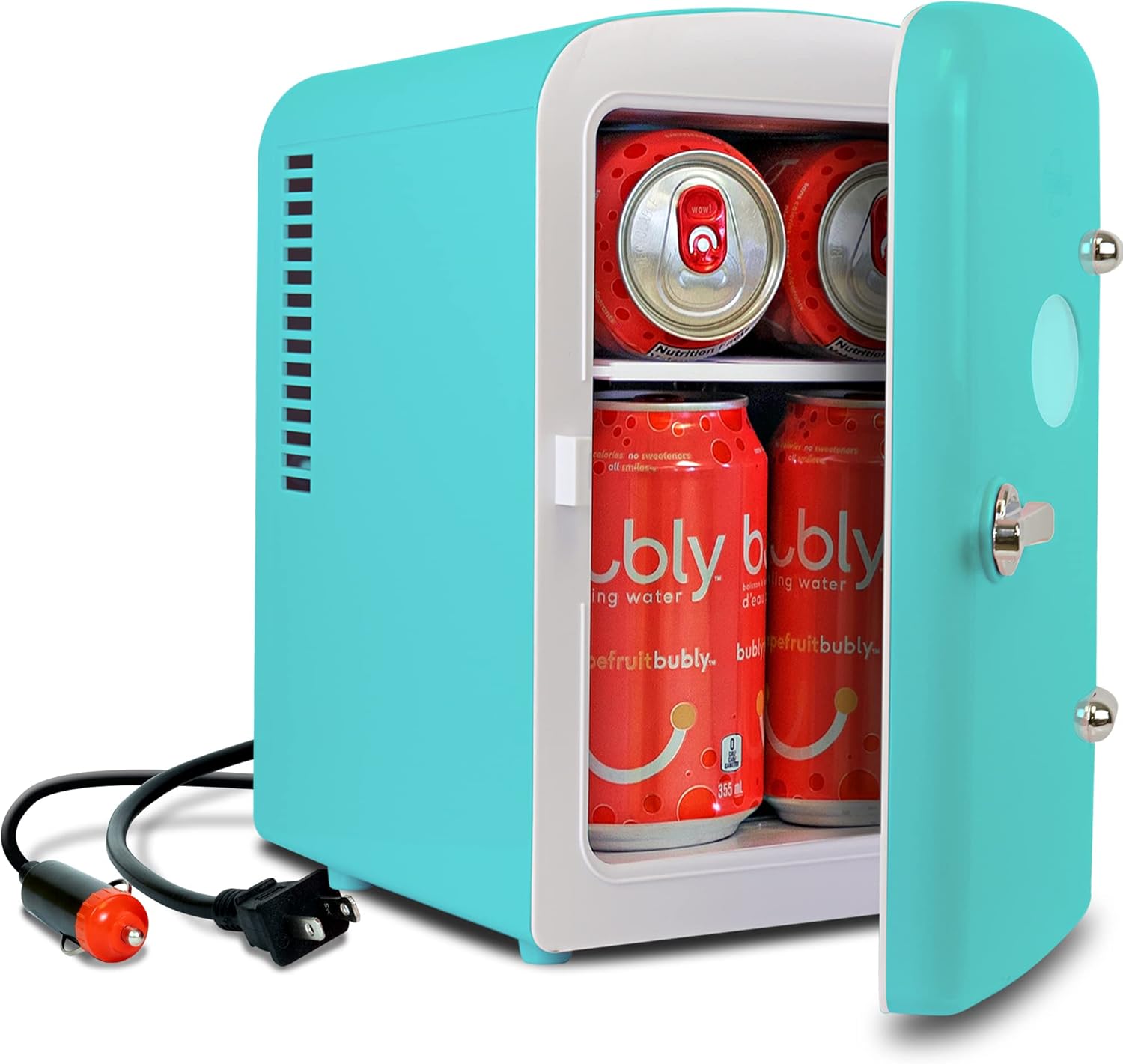 Koolatron Retro Mini Fridge 4 Litre Fridge for Bedroom 6 Cans Small Fridge for Skin Care, Food, Drinks, Cosmetics, Children, Home, Car & Travel, 12 V DC Power Cable, Aqua