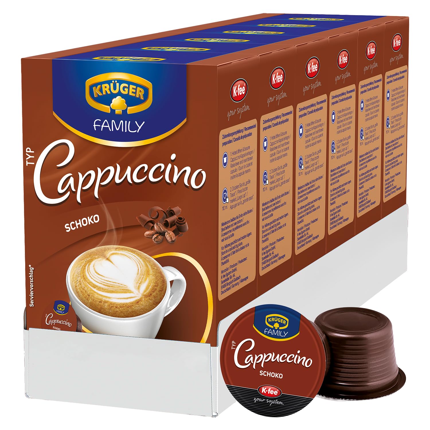 KRÜGER Cappuccino Chocolate Coffee Capsules, Flavored Instant Coffee, Compatible with K-fee Capsule Machines and Tchibo Cafissimo*, Pack of 6 (6 x 16 Capsules)