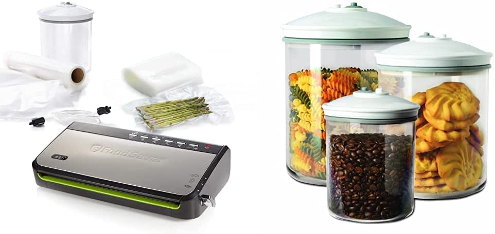Foodsaver FFS005X Stainless Steel Black & FSC003-I Vacuum Container Set, White