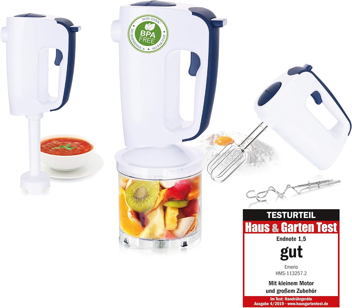 Emerio HMS-113257.2 Hand Mixer Set with Revolutionary 1-Finger Speed ​​Control, Whisk Mixer Chopper, 3-in-1, Easy to Use, Powerful 300 Watt, BPA-Free, Soft Handle, Easy to Clean
