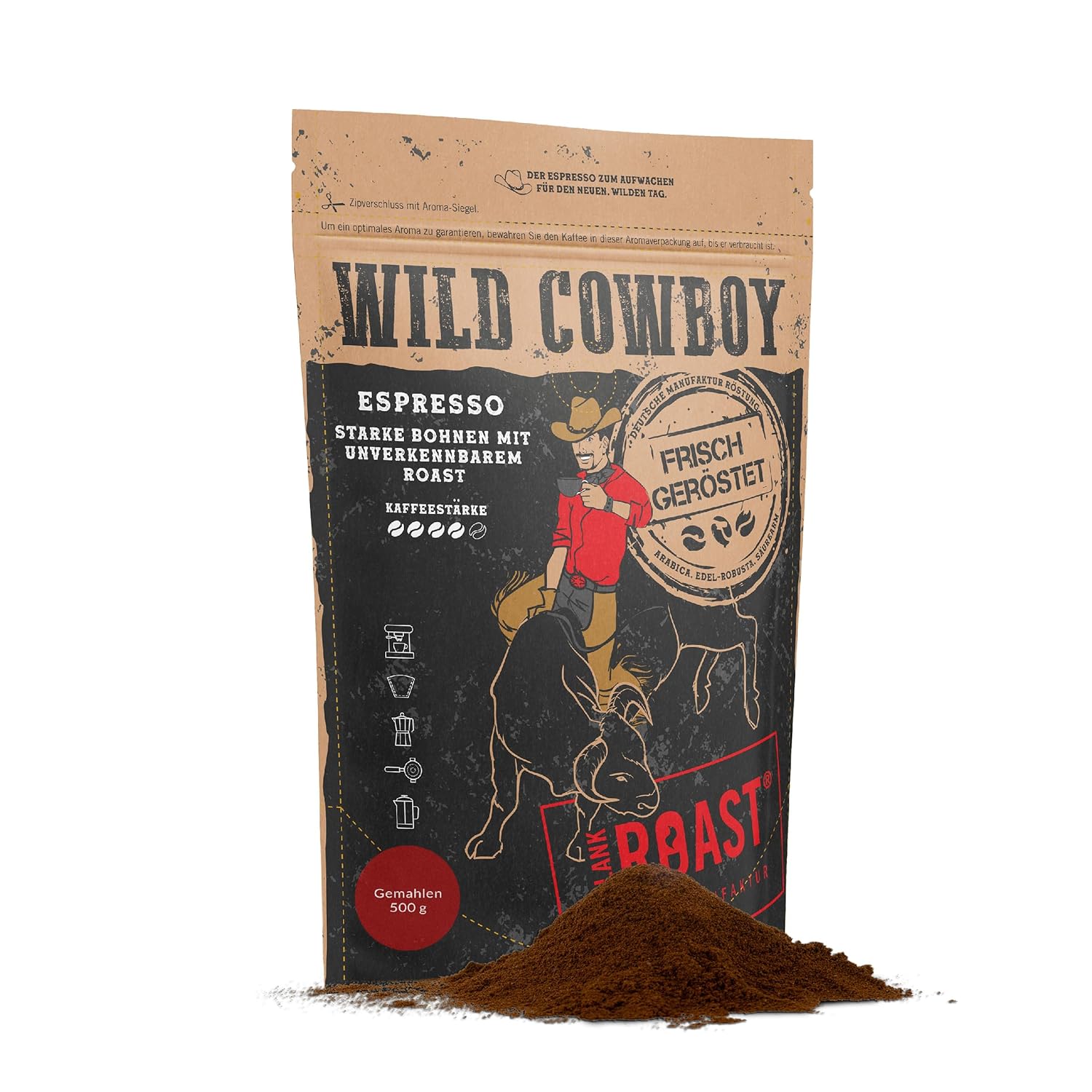Blank Roast - Wild Cowboy Espresso - Ground for Filter - 500g - Roasted with Hickory Wood - Arabica & Edel Robusta - Blend from Brazil and Uganda - with Chocolaty Nuances - Low Acid
