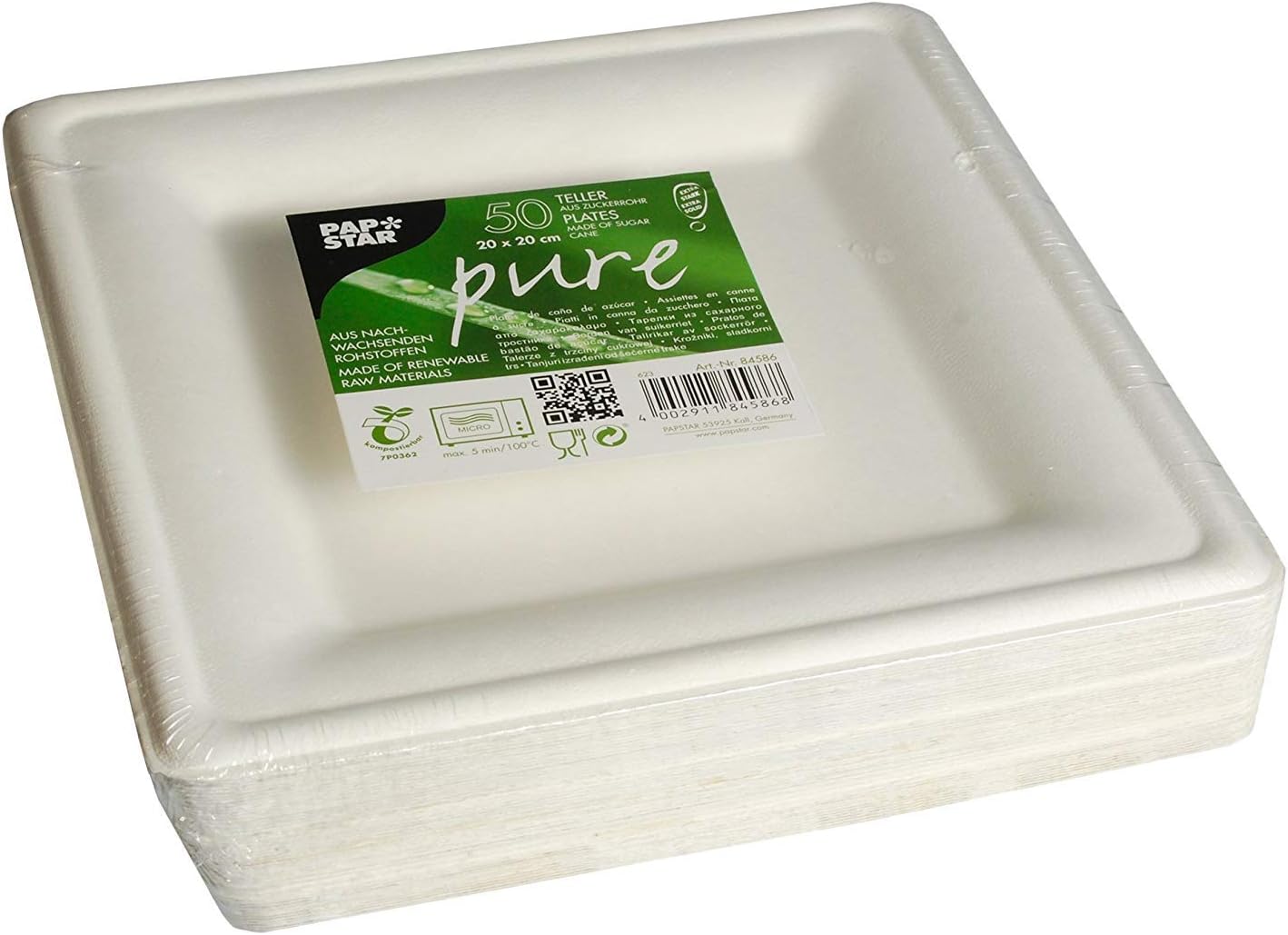 Papstar Paper Plates / Single Use Plates, White, Square \"Pure\" (Pack of 50) Made of Sugar Cane 20 x 20 cm Suitable for Special Occasions such as Birthdays & Celebrations Biodegradable Disposable Tableware, #84586