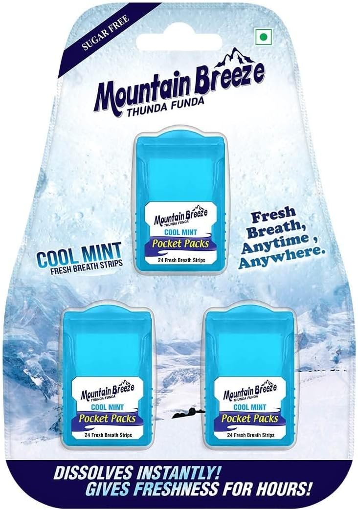 Mountain Breeze Oral Hygiene Mouth Freshener Sugar Free Cool Mint Breath Strips (24 Strips Each Cassette), Pack of 1 (3 Cassette)