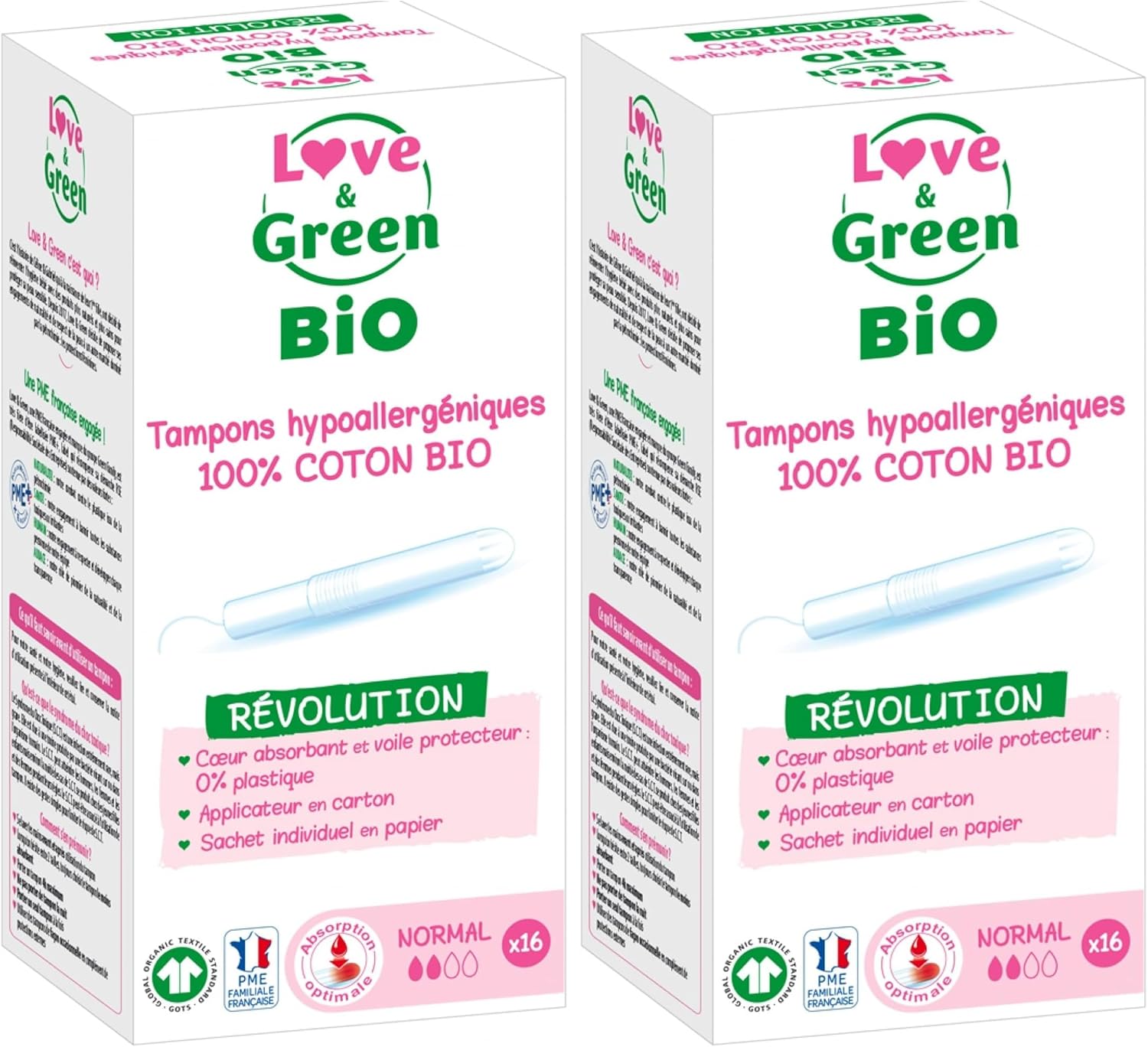 Love & Green Organic Hypoallergenic Tampons with Applicator - Pack of 16 (Pack of 2)