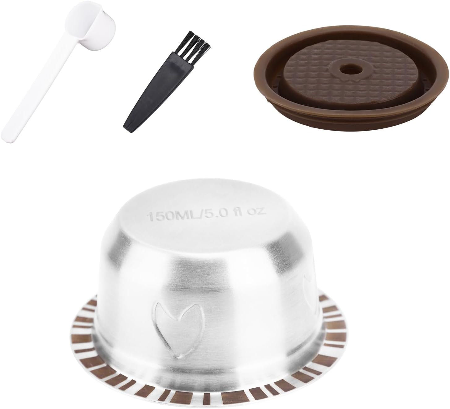 Reusable Capsules for Nespresso Vertuo, Refillable Stainless Steel Coffee Capsules with Silicone Lid, Spoon & Brush (80 ml)