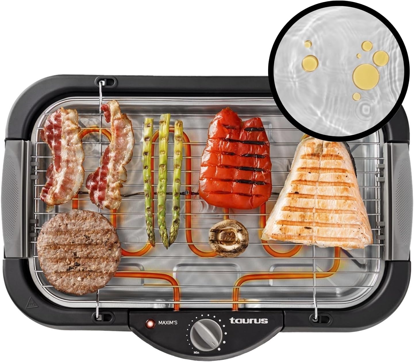 Taurus - Maxim\'s Electric Grill | 2400W | Grill Surface 41 x 24 cm | Adjustable thermostat | Water Container Against Smoke Development | For Indoor and Outdoor Use | Even heat distribution