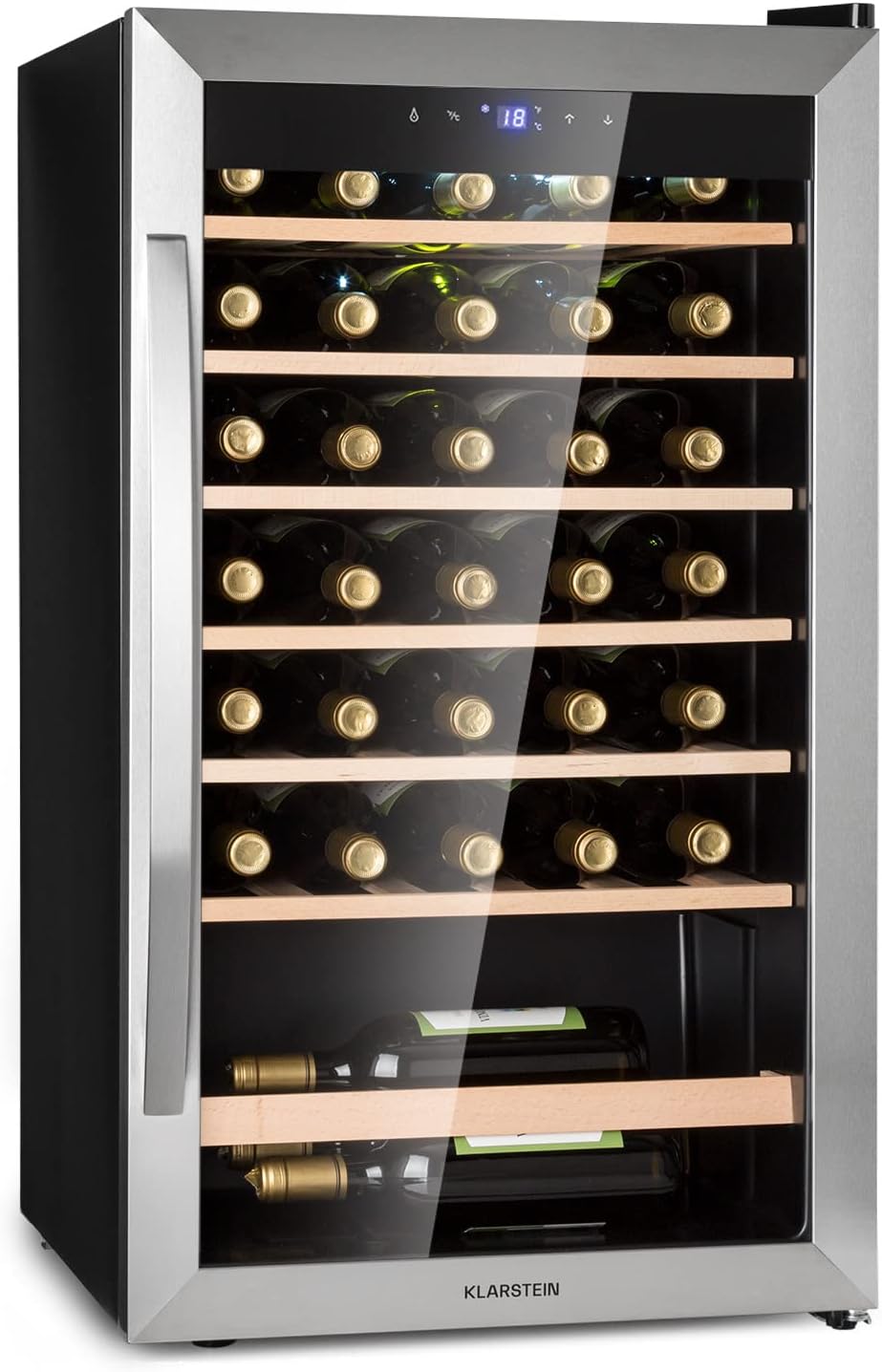 Klarstein Wine Refrigerator, Drinks Fridge Slim, Fridge with Glass Door, Drinks Refrigerators Freestanding, Wine Fridge Small, Wine Refrigerators 1 Zone, LED Lighting, 4-18 °C, 36 Bottles