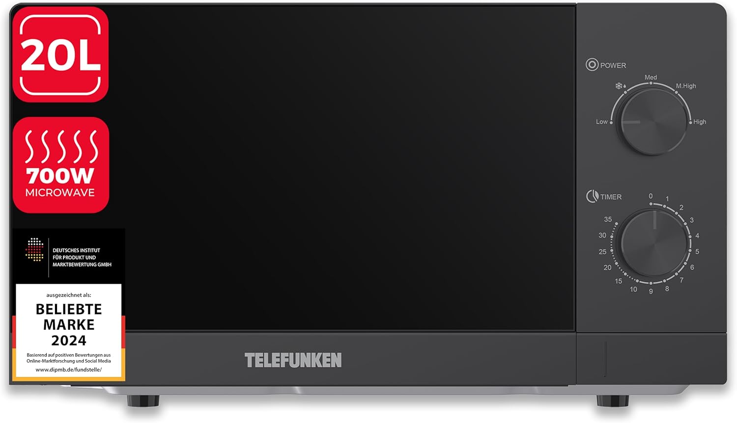 Telefunken Solo Microwave Small with 20 Liter Cooking Chamber, 700 W Power, 5 Power Levels with Defrost Function, Compact Microwave with Turntable, Timer, Black, B-MW-20-G-B