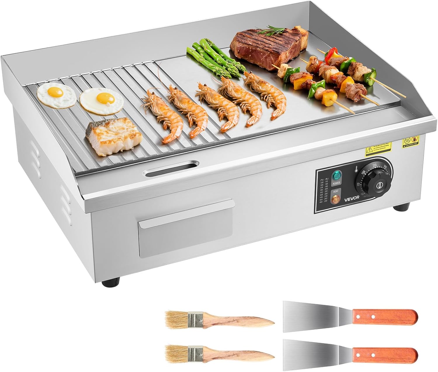 VEVOR Store VEVOR Commercial Electric Grill Plate 3200 W, Table Grill Plate 535 x 300 mm Grill Surface, Electric Grill, Half Grooved, Half Smooth, with 2 Spatulas & 2 Brushes & Foot Pads, for Steaks Pancakes
