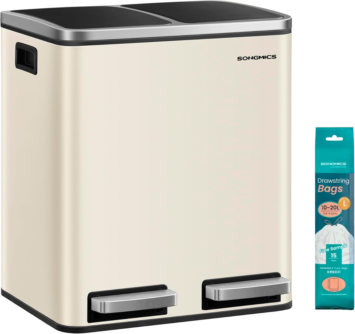 SONGMICS Kitchen Rubbish Bin, 2 x 15 Liters, Waste Separation System, 2 Compartments, Includes 15 Bin Liners, Pedal Bin, Recyclable Waste, Organic Waste, Softclose Lid, Sand Beige/Ink Black LTB30A02