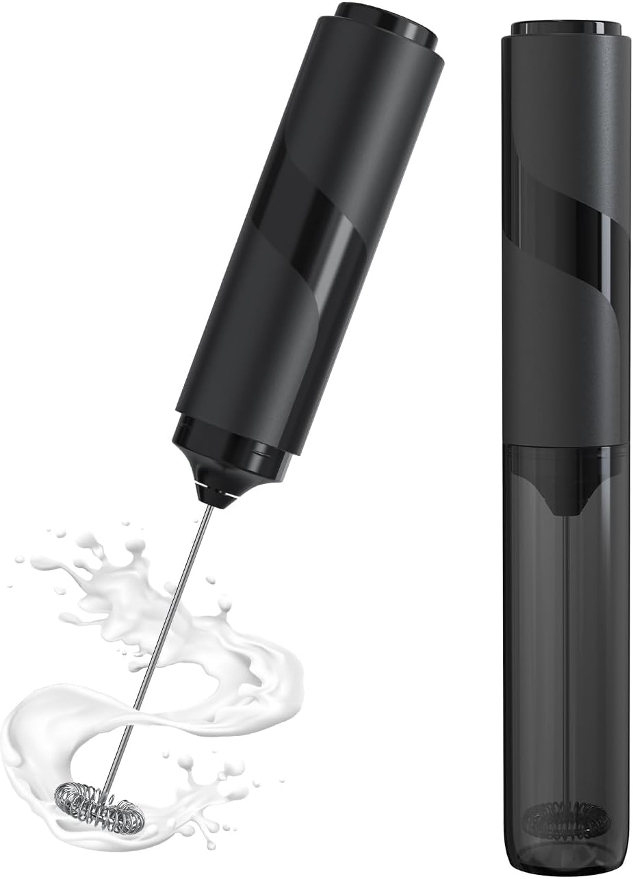 Electric Portable Milk Frother with Cover, Battery Operated Coffee Blender for Latte, Matcha Tea, Cappuccino, Black