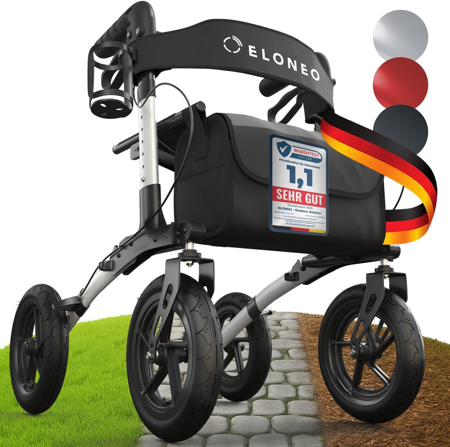 ELONEO Foldable and Lightweight Rollator with Seat, Outdoor Rollator with Pneumatic Tires Including Seat, Back Strap, Height-Adjustable Aluminum Walking Aid Including Bag and Stick Holder, Silver