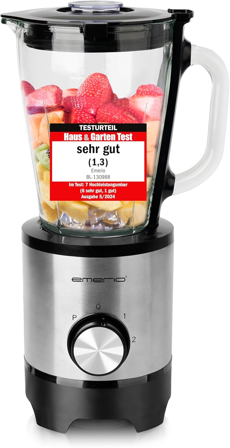 EMERIO Blender with 1.5 L Glass Container, BPA-Free, Crush Ice Function, 2 Speeds + Pulse Function, 4 Stainless Steel Knives, 2 Safety Switches in Jug and Lid, 500 W, BL-130988