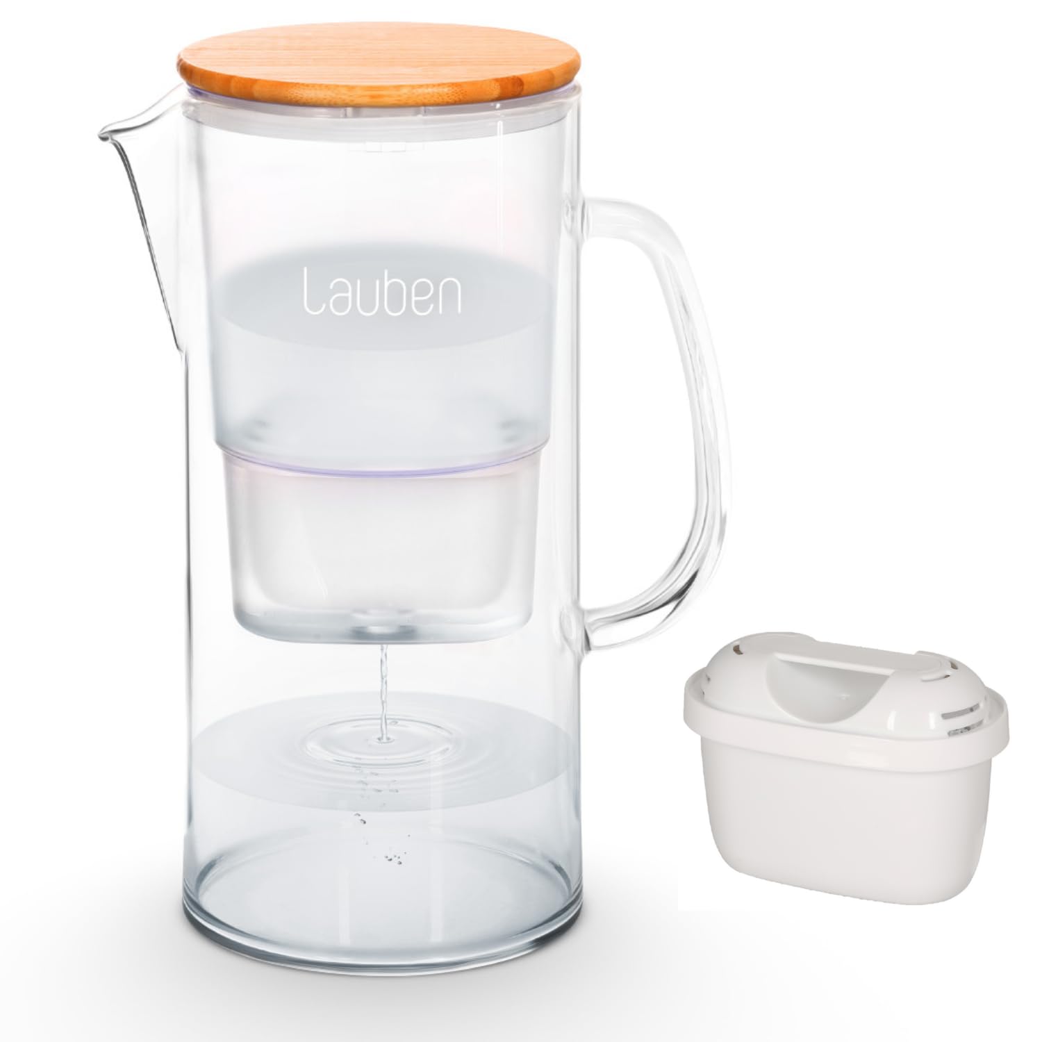 Lauben 32GW Water Filter Jug Glass, Filter Jug Total Volume 3.2 L, Borosilicate Glass, Water Filter Cartridge Included, Antibacterial Bamboo Lid, No Plastic Aftertaste in What