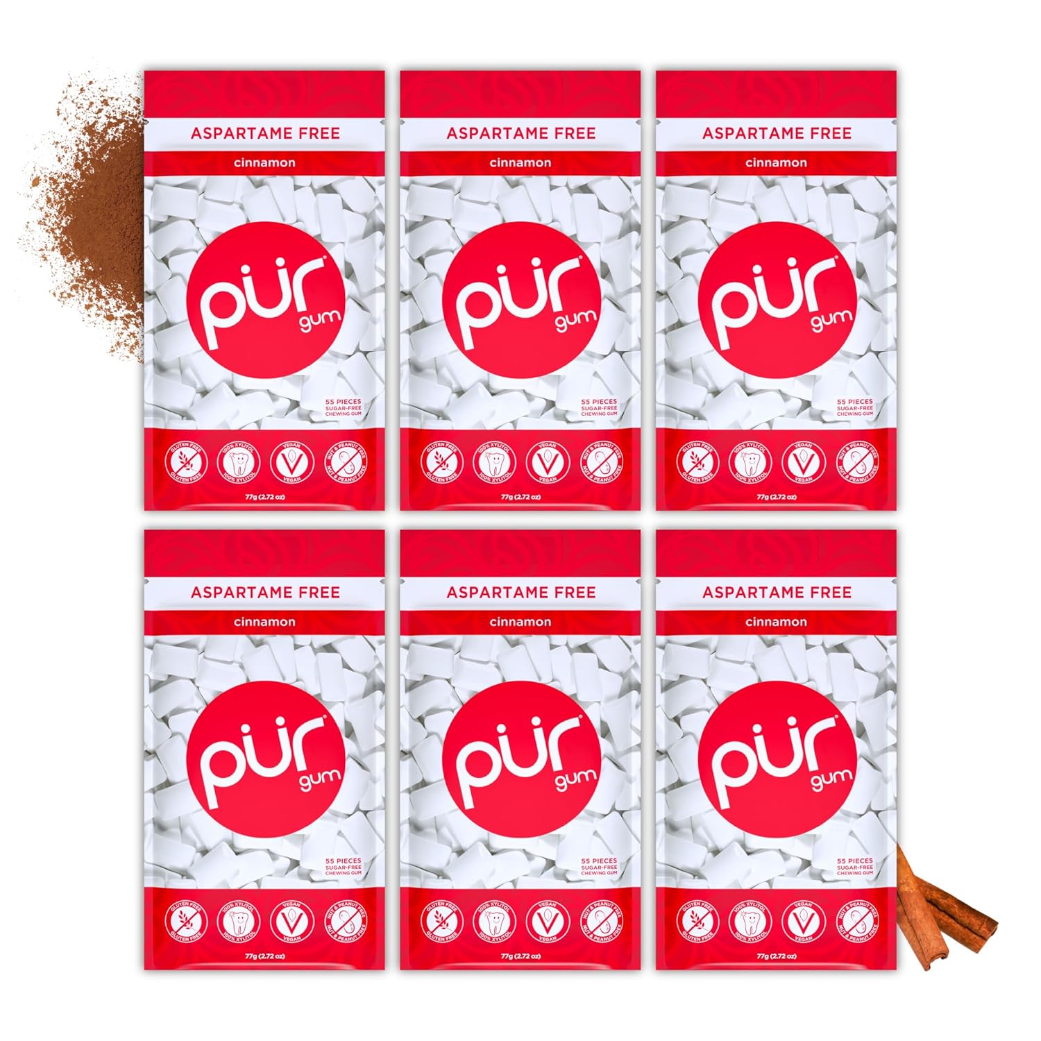 PUR Gum Store PUR Gum | Sugar-Free Chewing Gum | 100% Xylitol | Vegan, Aspartame-Free, Gluten-Free & Diabetic-Friendly | Natural Cinnamon Flavored Chewing Gum, 55 Pieces (6 Pack)