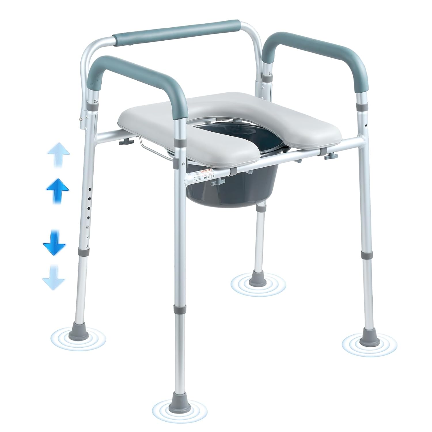 VEVOR Store VEVOR Commode Night Chair with Padded Seat & Armrests, 7 Levels Height Adjustable, 5.8 L Removable Bucket, Easy to Assemble, 158 kg Capacity, Raised Toilet Seat