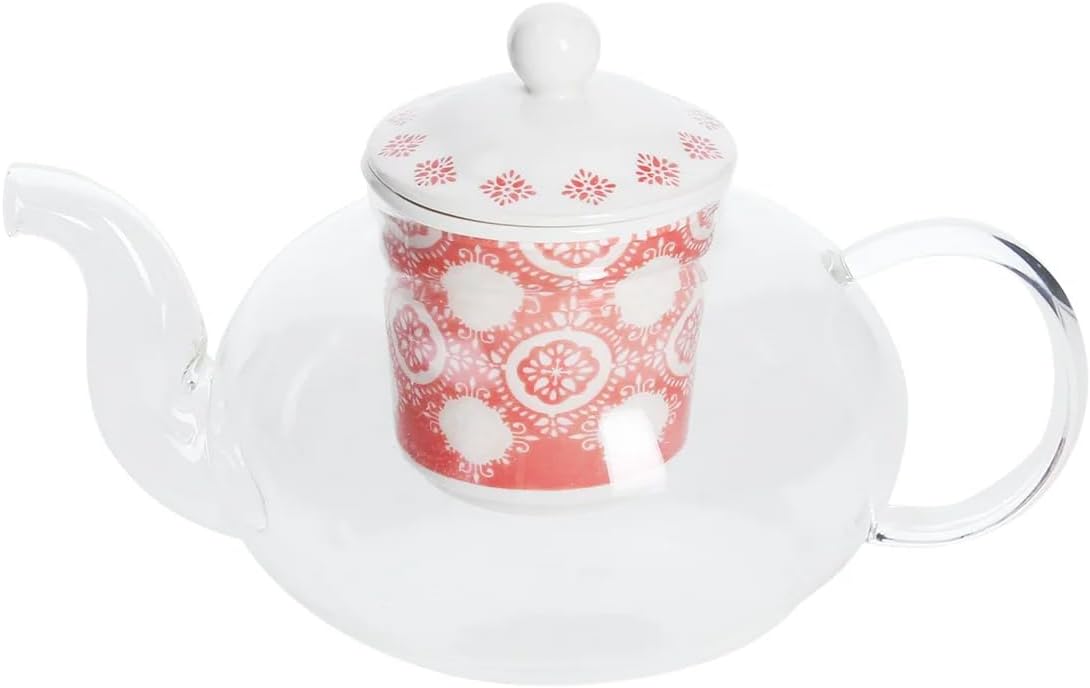7L White and Red Ceramic Tea Pot with Mesh Mesh Infuser for Tea and Hot Tea - Tea Pot with Infuser Ideal for Winter
