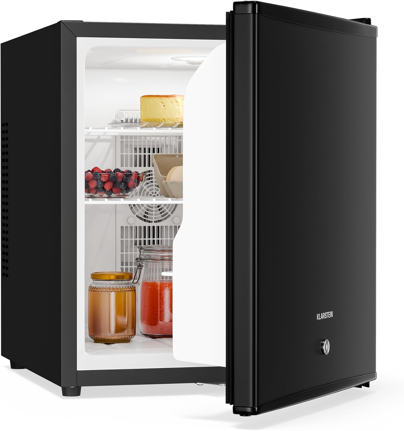 Klarstein Fridge with Glass Door, 44L Mini Fridge for Drinks & Snacks, Fridge Small & Quiet, Adjustable Shelves, Lock, Interchangeable Door Hinge, Height-Adjustable Feet