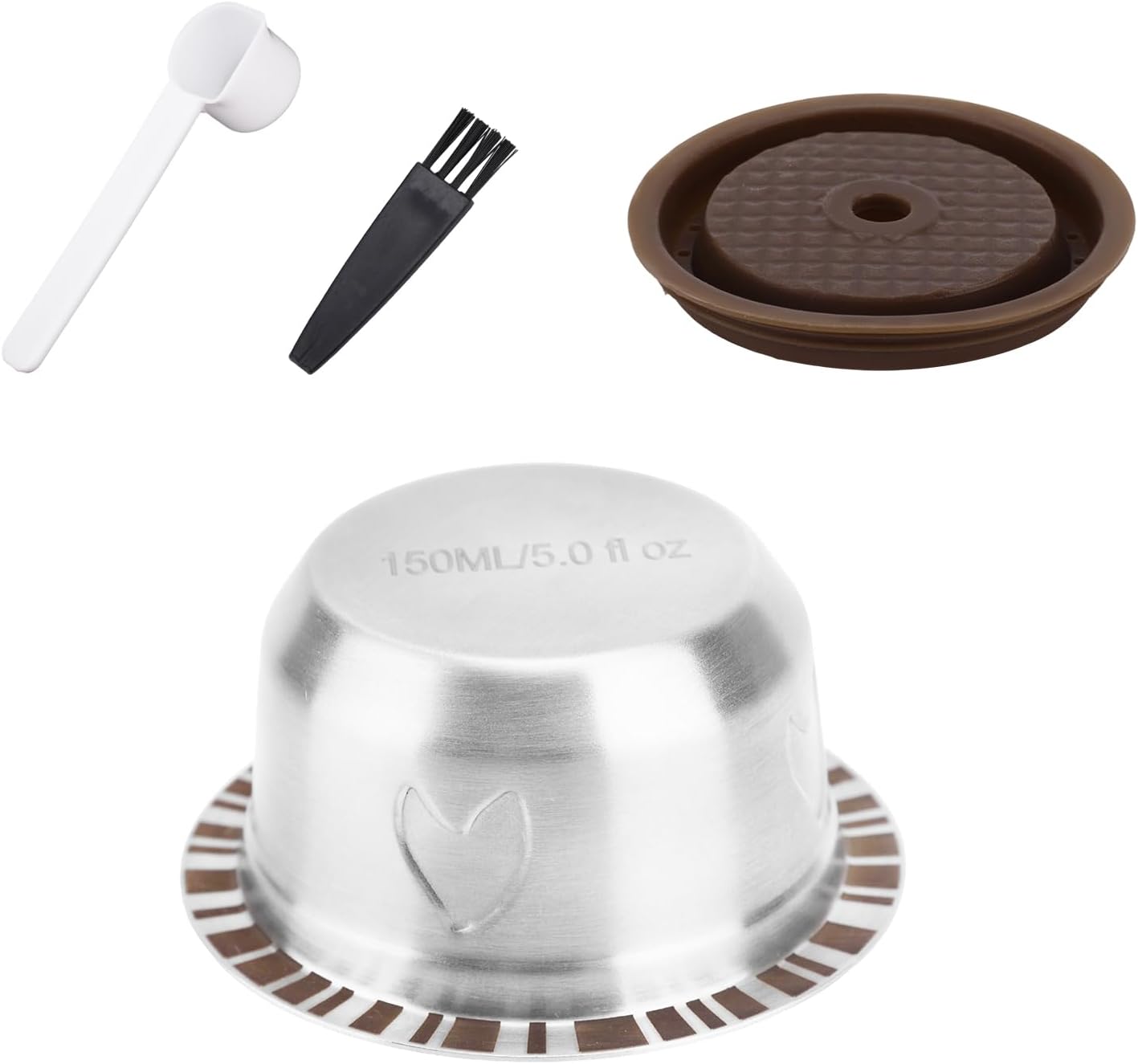 Reusable Capsules for Nespresso Vertuo, Refillable Stainless Steel Coffee Capsules with Silicone Lid, Spoon & Brush (150 ml)