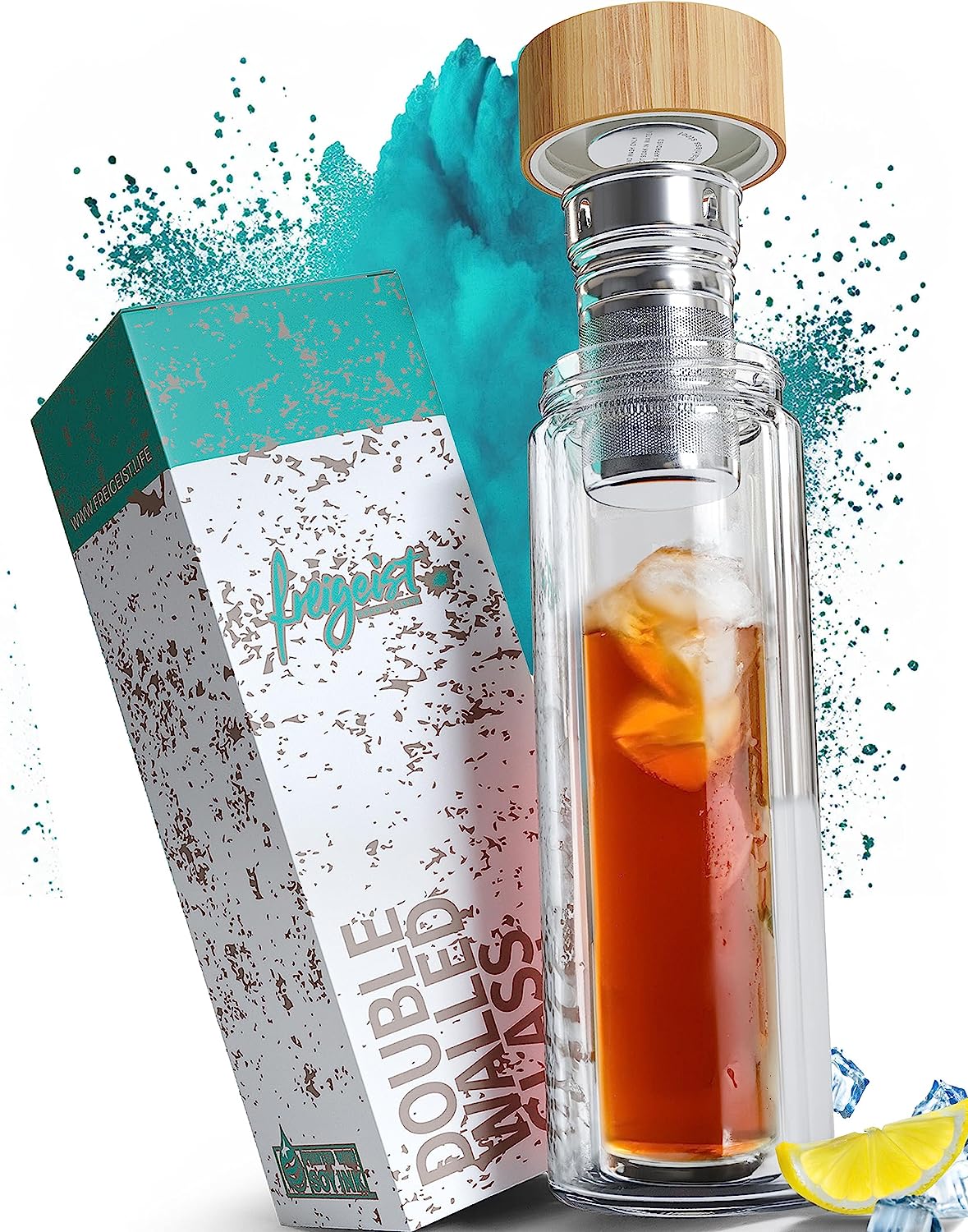 freigeist ESPRIT LIBRE Free spirit Tea Bottle with filter, 500 ml Double Wall, Glass Bottle with Tea Infuser, Tea Maker, Insulated, Teapot with Bamboo Lid