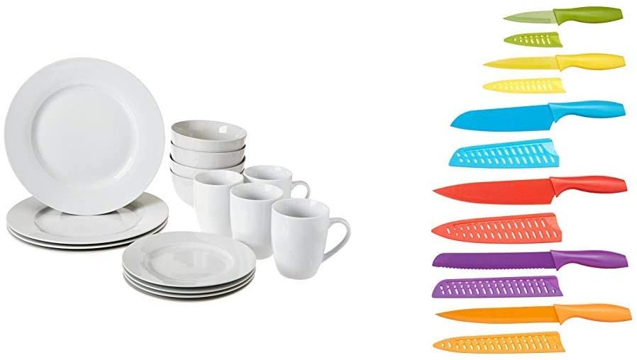 AmazonBasics Amazon Basics 16 Piece Dinner Set for 4 Persons & Knife Set Colourful 12 Piece
