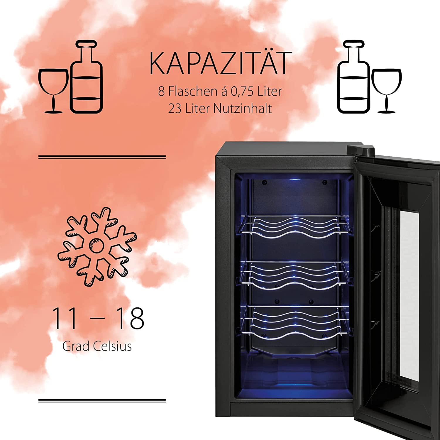 ProfiCook PC-WK 1232 Wine Refrigerator, Wine Refrigerator, Drinks Refrigerator, Bottle Refrigerator for Red Wine, White Wine, Rose, Small, 8 Bottles, LCD Display, Stainless Steel Black