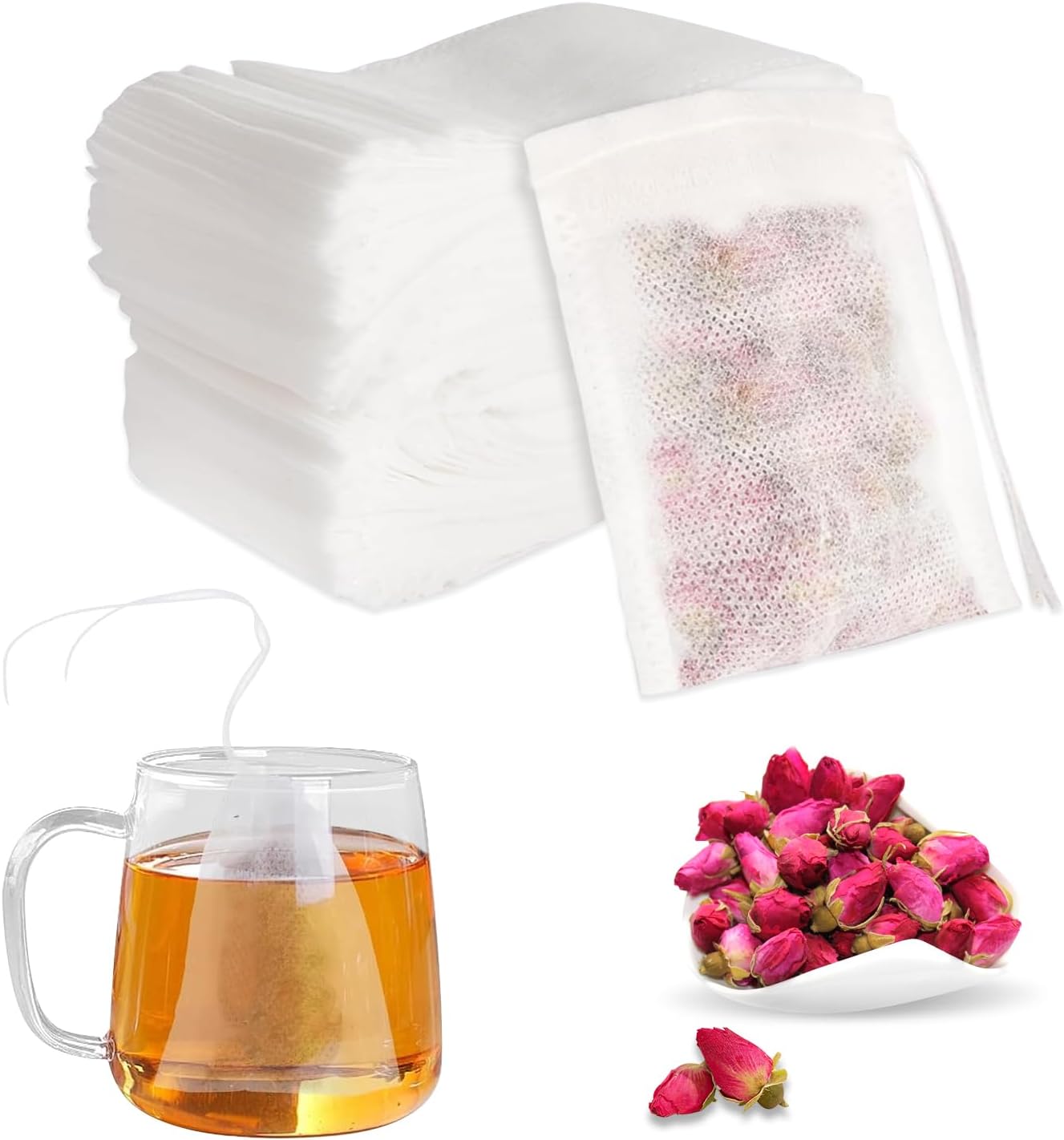 Pack of 300 Tea Bags for Loose Tea, 7 x 9 cm Tea Filters for Loose Tea with Drawstring, Self-Filling Tea Strainer for Fruit Tea Scented Spices Vanilla Lavender Coffee