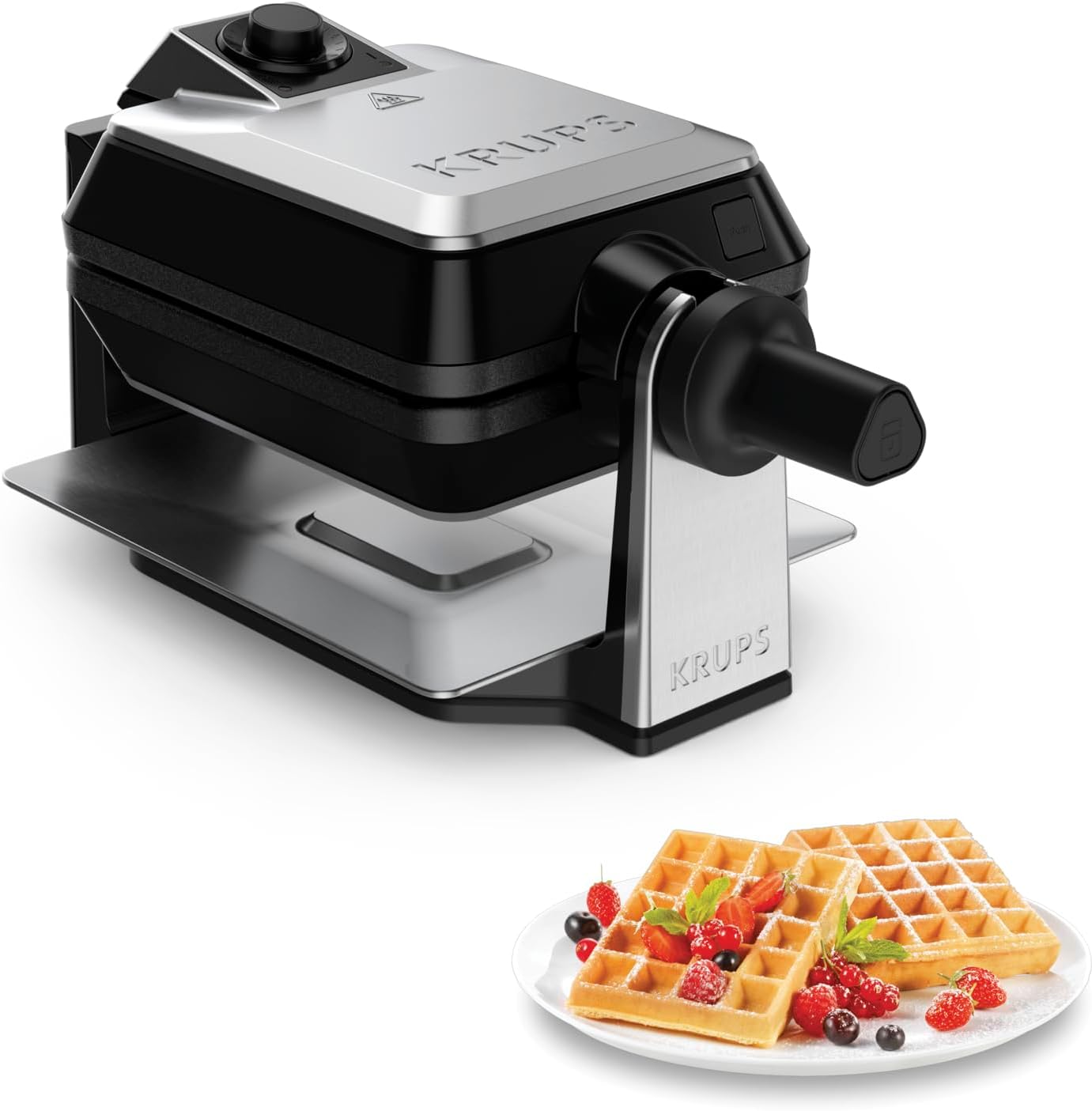 Krups FDD95D Professional Double Waffle Iron, 2 Belgian Waffles Simultaneously, Rotating Function for Perfect Waffles, 7 Browning Levels, Dishwasher-Safe Plates, 1200 W, Black