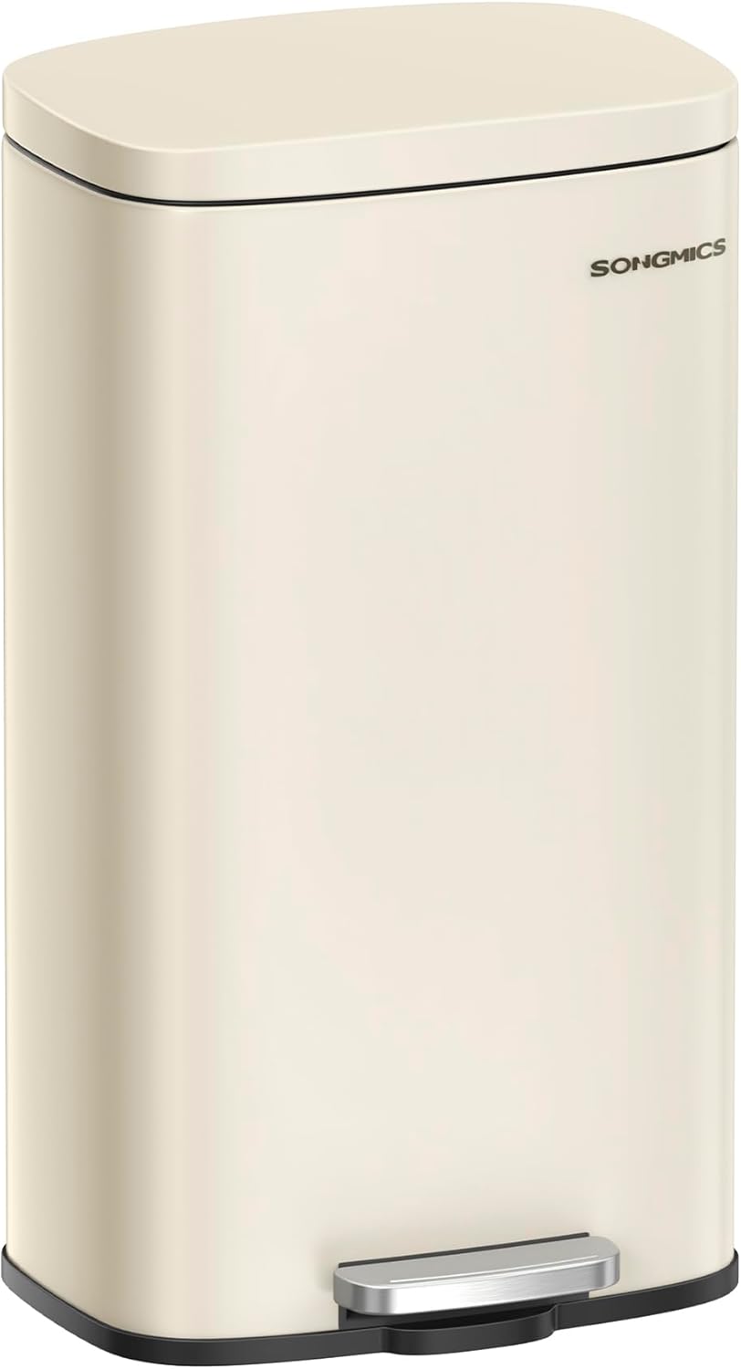 SONGMICS Kitchen Waste Bin, 30 Litres, Pedal Bin, with Lid, Softclose, Foot Pedal, Steel, Inner Bucket, Sand Beige LTB03A02