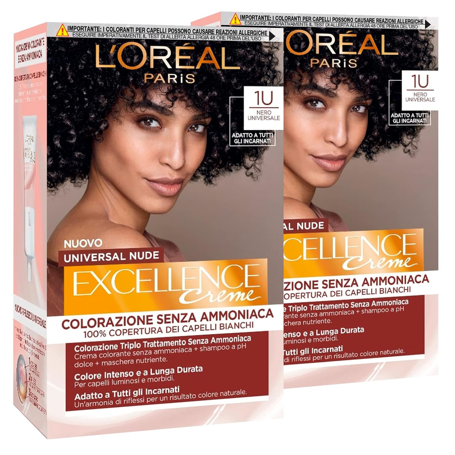 2 x L\'Oréal Paris Excellence Cream Permanent Hair Color Universal Nude Black 1U Triple Treatment - 2 Hair Colors
