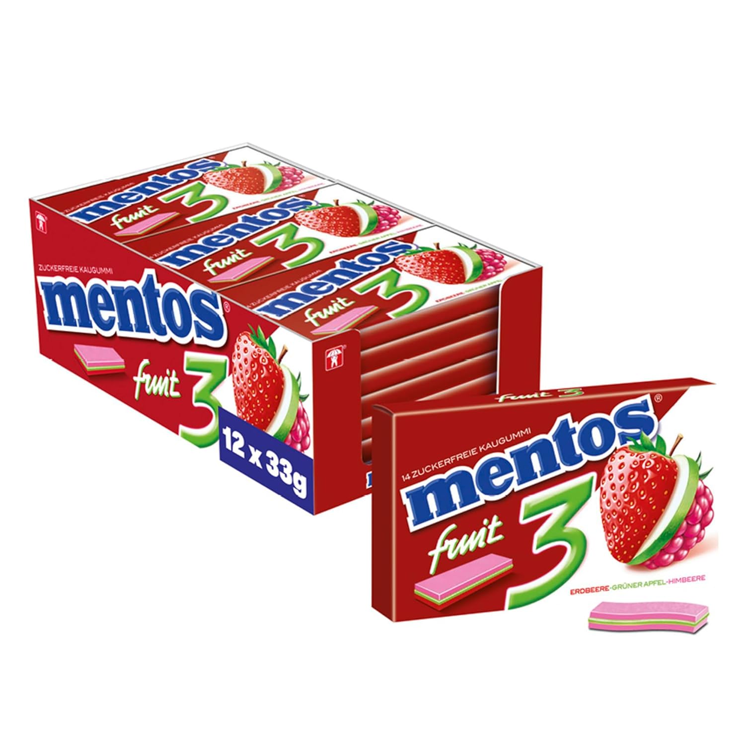 MENTOS Store Mentos Chewing Gum Fruity Fresh Strawberry - Green Apple - Raspberry, Pack of 12 Sugar-Free Chewing Gum Dragees with Fruit Flavor, Multipack (12 x 14 Pieces)