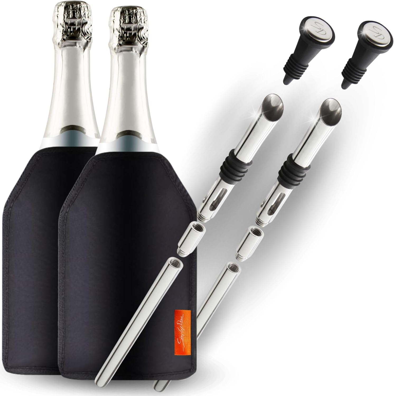 SIMPLEX DOMO 4-Piece Wine Cooling Set - 2 x Stainless Steel Wine Cooling Sticks with Pourer & 2 x Cooling Cuffs - Long-lasting Freshness & Stylish Wine Enjoyment