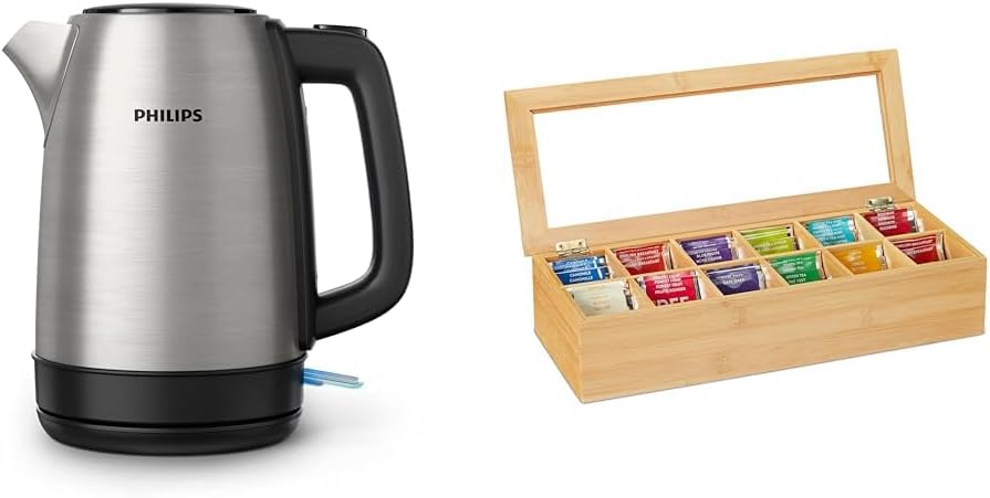 Philips Domestic Appliances Philips Daily Collection Metal Kettle Spring Lid & Relaxdays Tea Box, Bamboo, 12 Compartments, Tea Box with Viewing Window, Organizer for Tea Bags, H x W x D: approx. 9 x 41 x 16 cm, natural