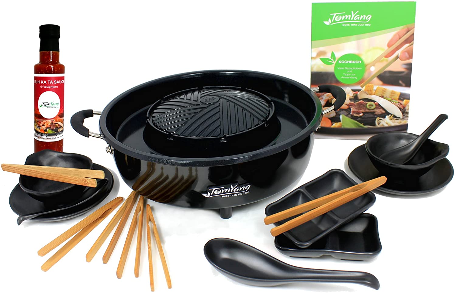 TomYang - Professional The original Thai grill and hot pot with cookbook [cannot guarantee English language], 10-piece tableware set and Muhkata sauce.