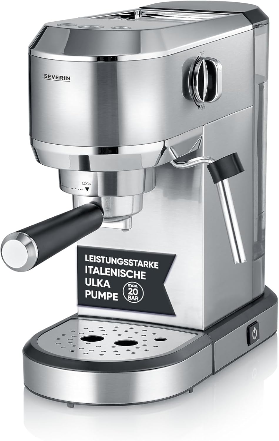 SEVERIN Espresso machine \"Newspresa\", portafilter machine, ULKA pump with 20 bar, milk frothing nozzle, 1 L water tank, for one or two cups, silver, stainless steel, 1,350 Watt, KA 5997
