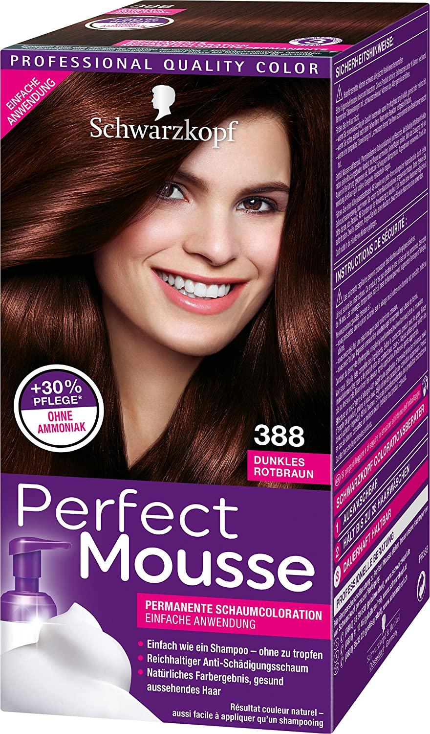 Schwarzkopf Perfect Mousse Permanent Foam Color 388 Dark Reddish Brown Level 3 Pack of 3 x 93 ml, ‎dark step auburn