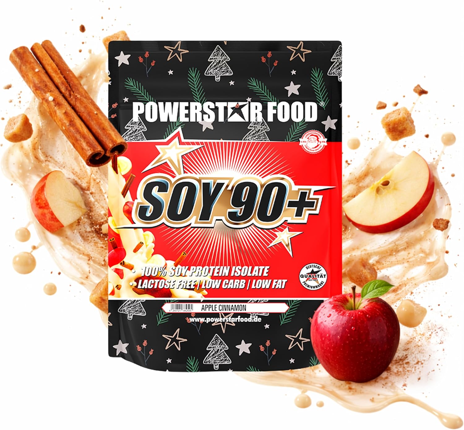 POWERSTAR FOOD Store Powerstar SOY 90+ | 1 kg Soy Protein Isolate without Added Sugar | Made in Germany | Winter Edition | 1000 g Vegetable Protein Powder with 93% Protein I.Tr | Vegan & Lactose Free | Apple Cinnamon 1000g