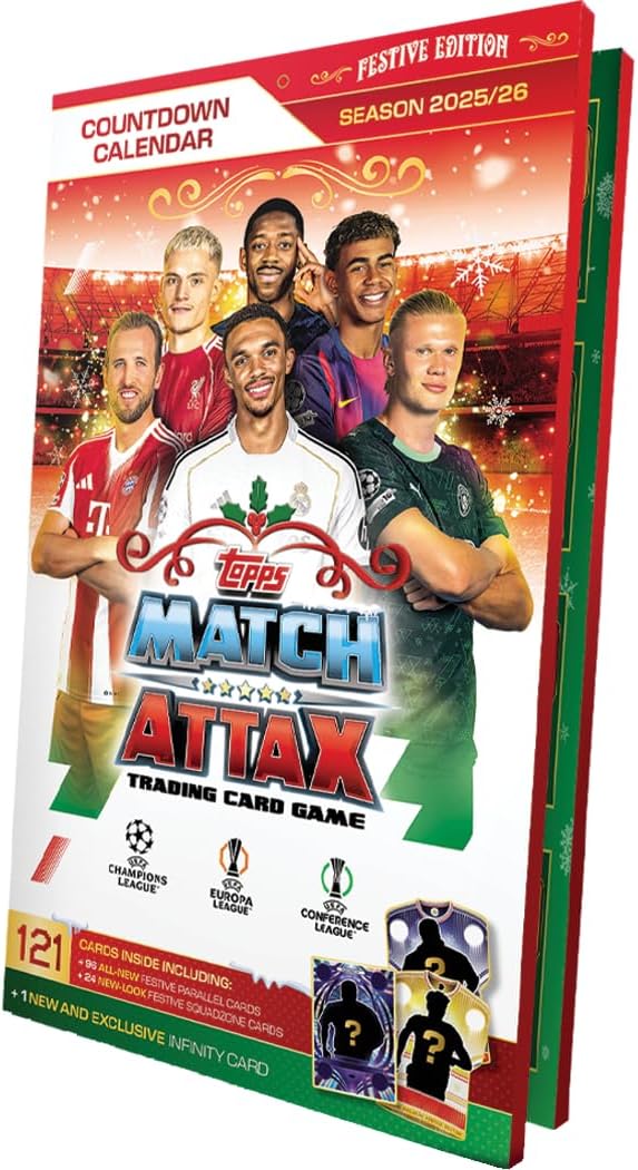 Topps UCC Match Attax 2025/26 - Advent Calendar - 121 Match Attax Cards, Including 96 Festive Parallels, 24 Festive Squadzone Cards in a New Look and 1 Guaranteed Infinity Card!