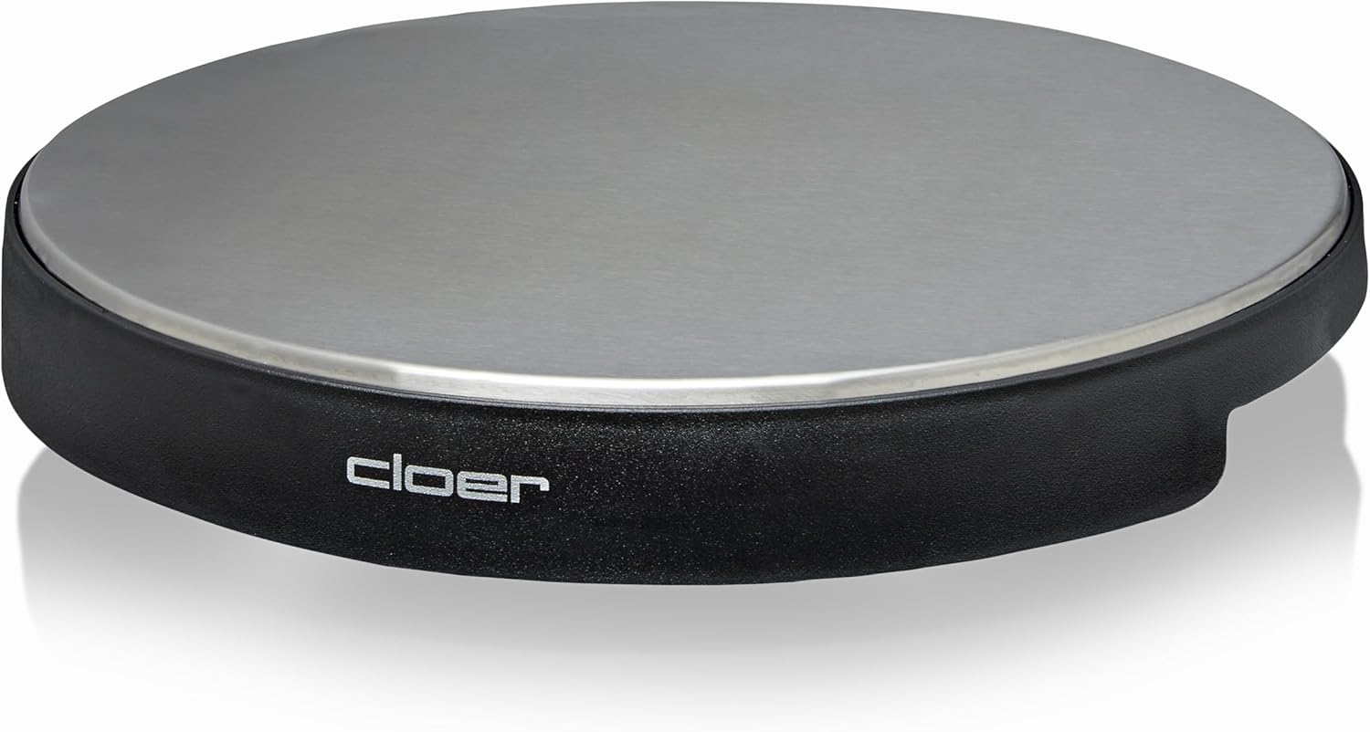 Cloer 6718 Warming Plate with Memory Stone, Keeps Food Warm, 5 Minutes Heating Time, Temperature up to 130 °C, Wireless Use, Keeps Warm for up to 60 Minutes, 1000 W, Stainless Steel Plate 35 cm