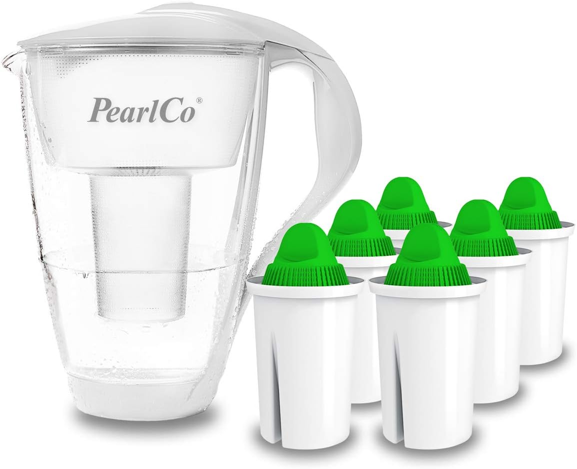 PearlCo Glass Water Filter (White) with 6 Alkaline Classic Filter Cartridges - Made in EU