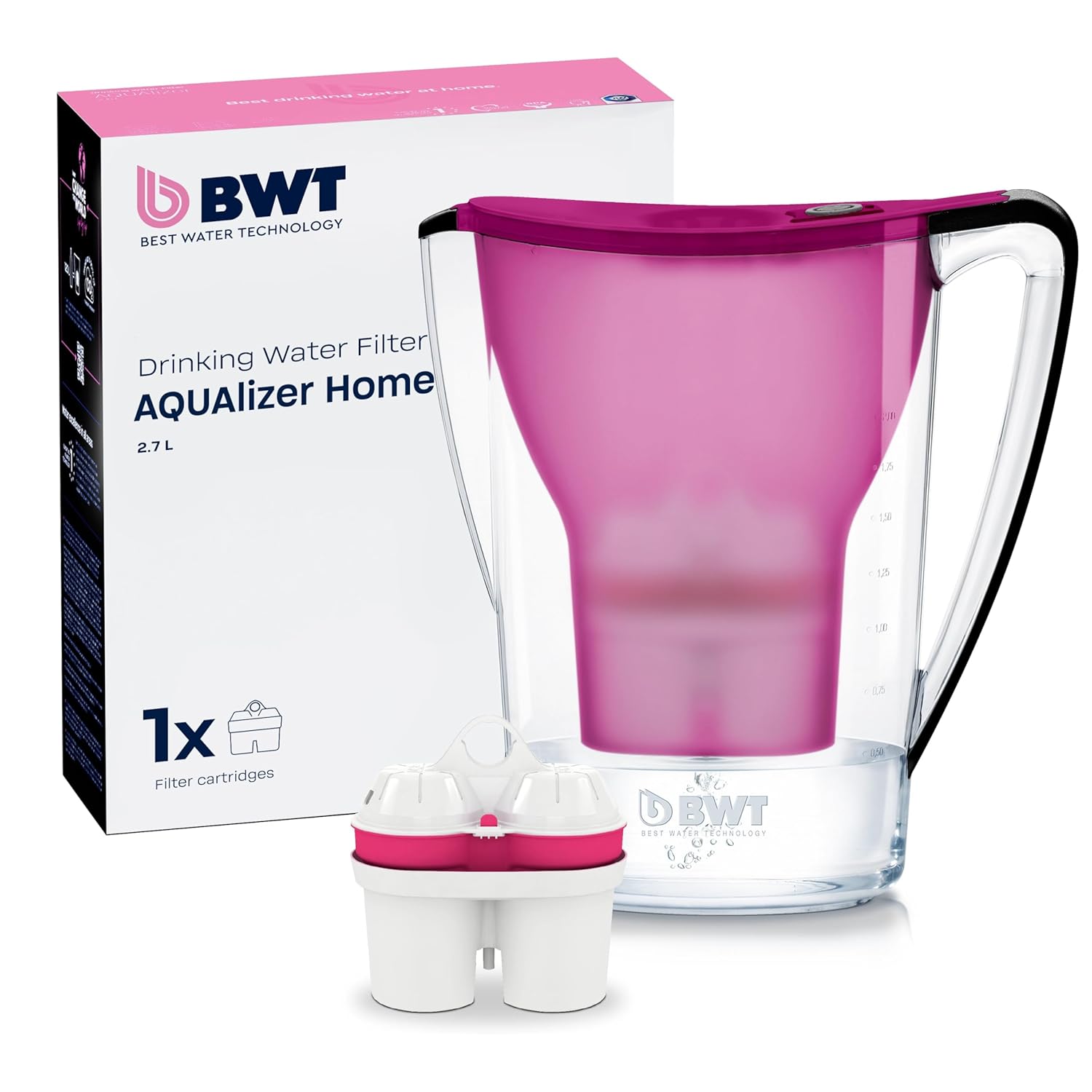 BWT Aqualizer Home Water Filter Aubergine Including 1 Magnesium Filter Cartridge Water Filter Drinking Water for Food & Drinks Filters Limescale, Chlorine, Lead & Copper