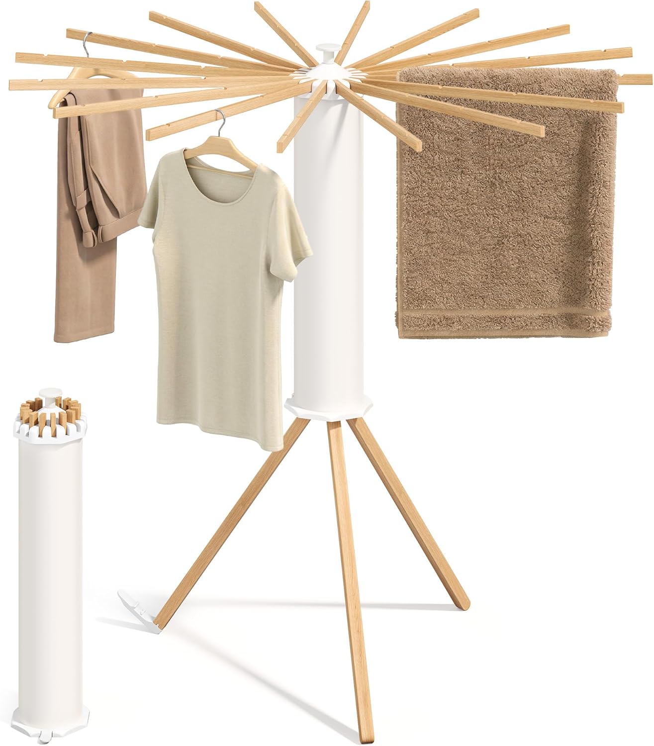 SONGMICS Store SONGMICS LLR530YW01 Clothes Airer Foldable Clothes Dryer Portable Floor Dryer Space Saving Rotating Extendable Laundry Room Balcony 16 Wooden Arms Natural Color