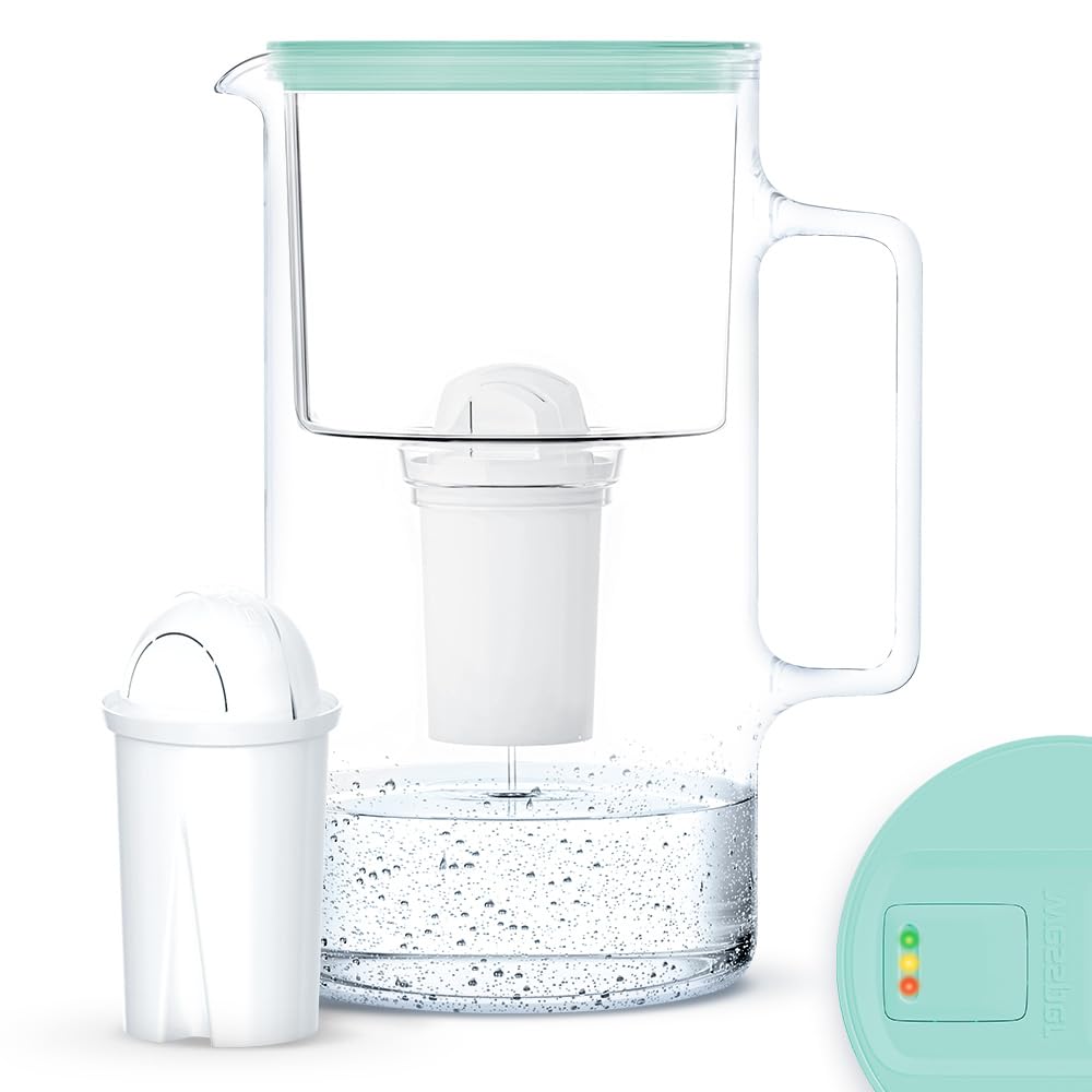 Wessper Glass Water Filter Jug 3 L with Manual Filter Wear Indicator | Replacement for Aquaphor Standard, Brita Classic, Dafi Classic Filter Cartridge | Includes Water Filter Jug + 1 Cartridge, Mint