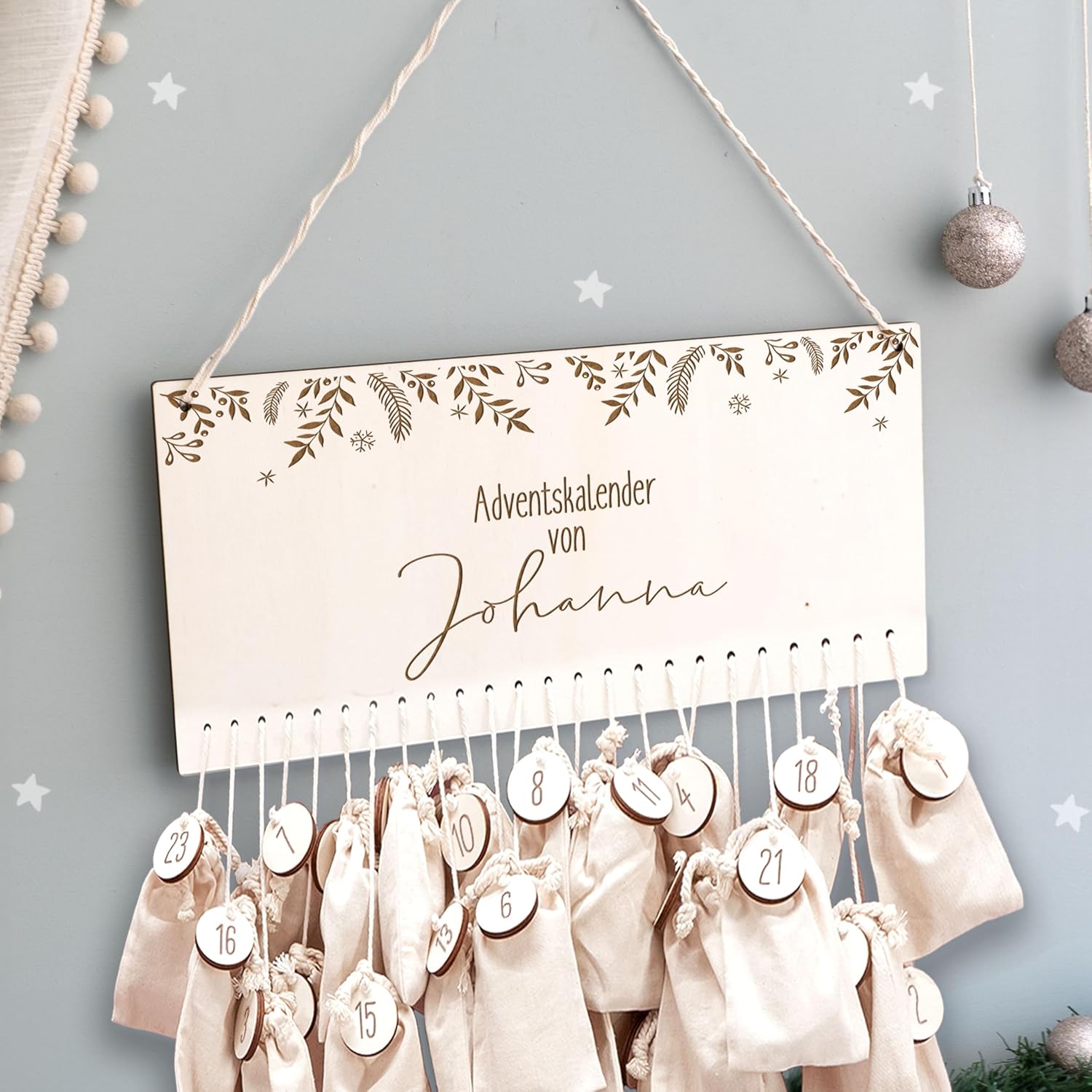 Advent Calendar Personalized for Children, Advent Calendar for Filling, Made of Wood, Wall Mounted Christmas Calendar DIY with Name, Hellomini (Branches)